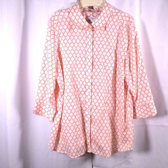 Foxcroft Womens XL White Geo Shaped Cotton Button Down Up Wrinkle Free Shirt - Picture 1 of 7